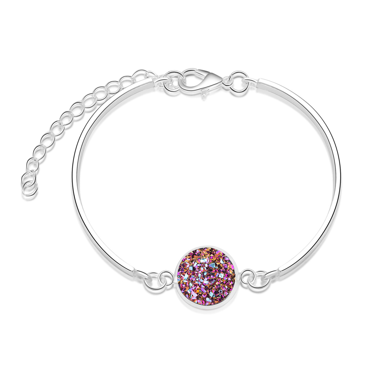 Trendy Raw Stone Round Bangle Stainless Steel Chain Personalized Charm Adjustable Women Bracelet