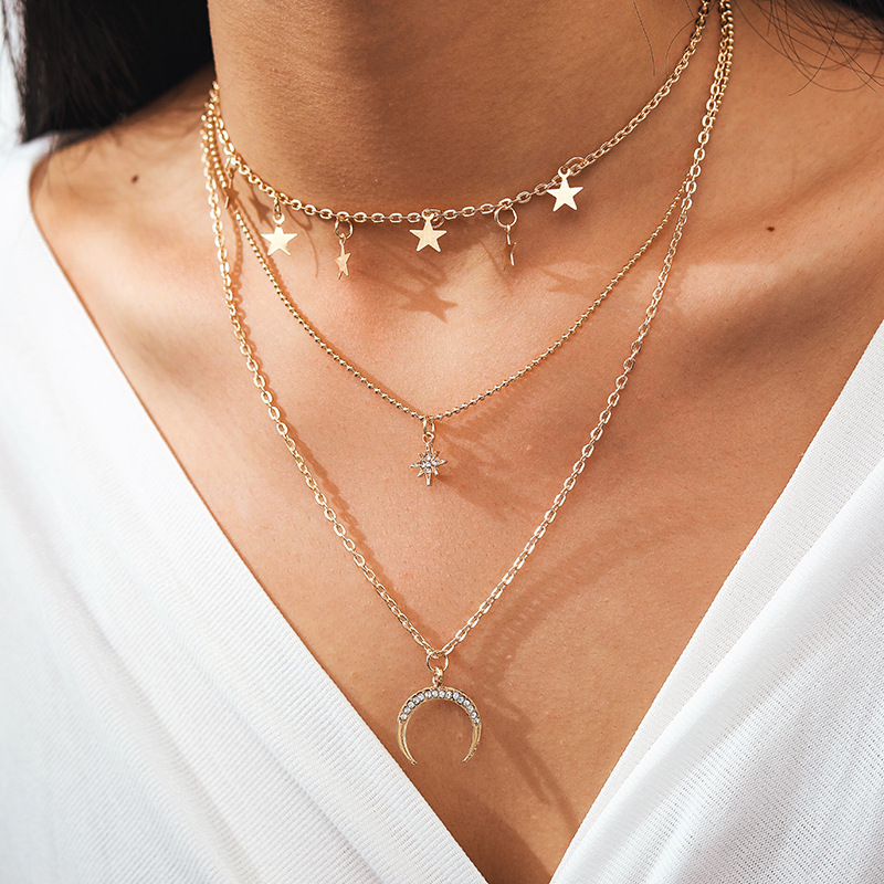 New Arrival Retro Layered Gold And Silver Necklace Personalized Chain Moon Map Pendant Choker Necklaces For Women