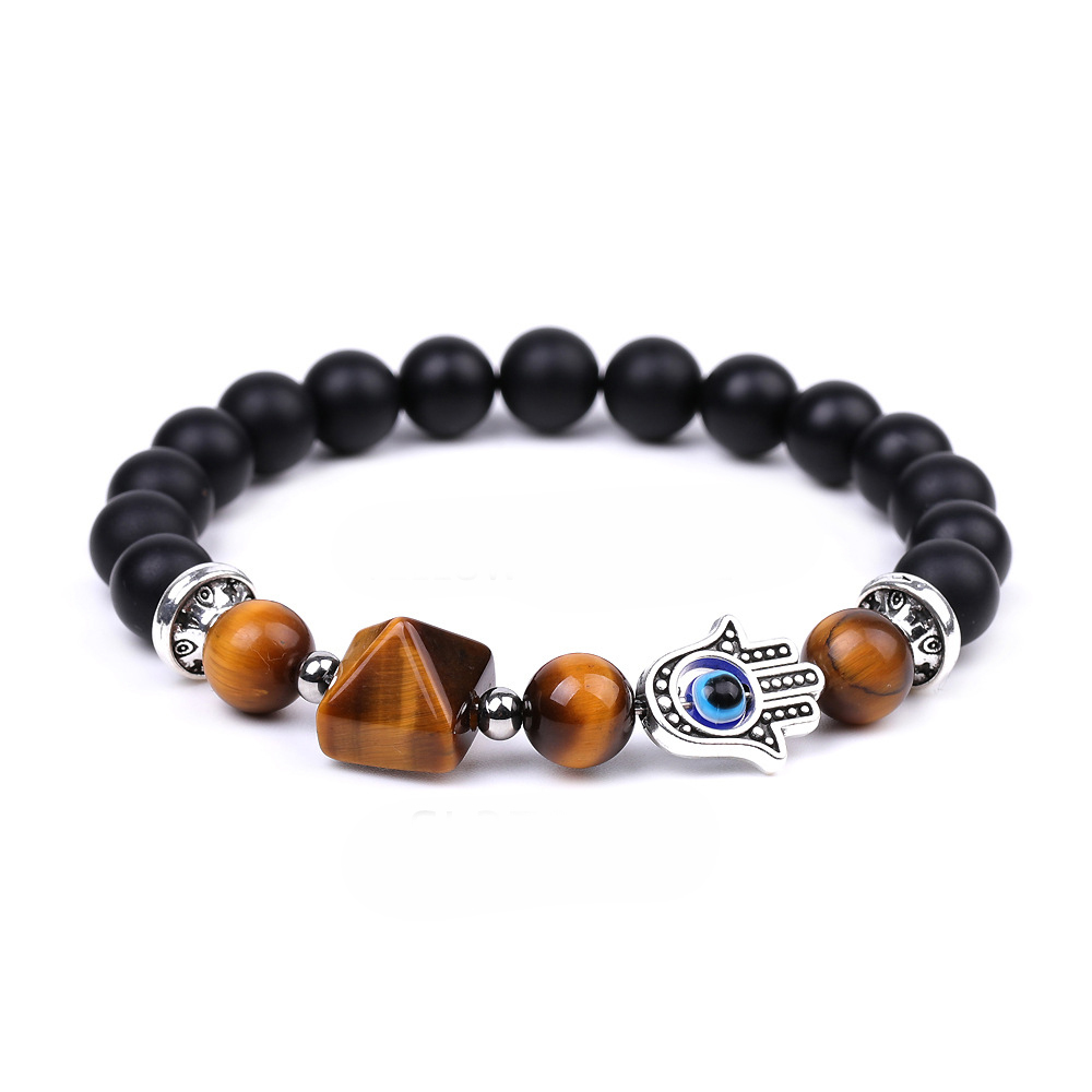 Handmade Amethyst Tiger Eye Black Obsidian Bracelet Natural Quartz Crystal Stone Beaded Hamsa Devil Eye Pyramid Bracelet