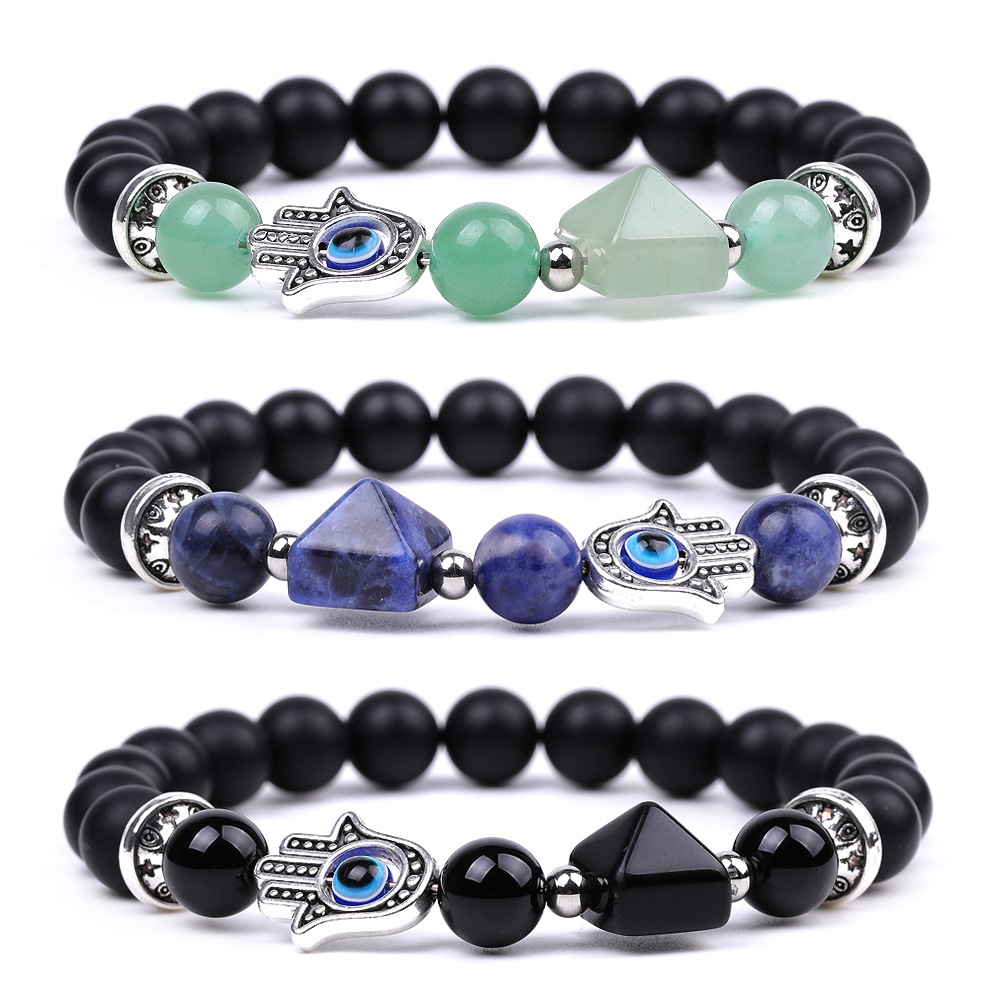 Handmade Amethyst Tiger Eye Black Obsidian Bracelet Natural Quartz Crystal Stone Beaded Hamsa Devil Eye Pyramid Bracelet