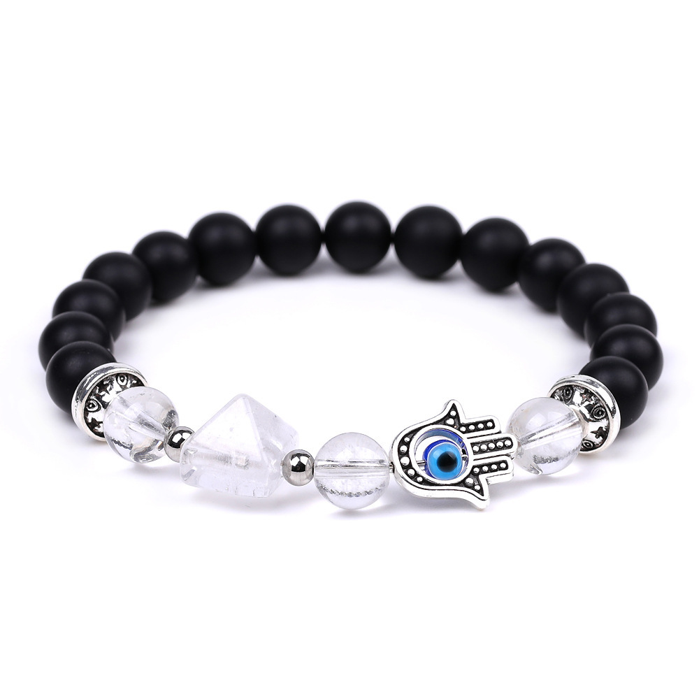 Handmade Amethyst Tiger Eye Black Obsidian Bracelet Natural Quartz Crystal Stone Beaded Hamsa Devil Eye Pyramid Bracelet