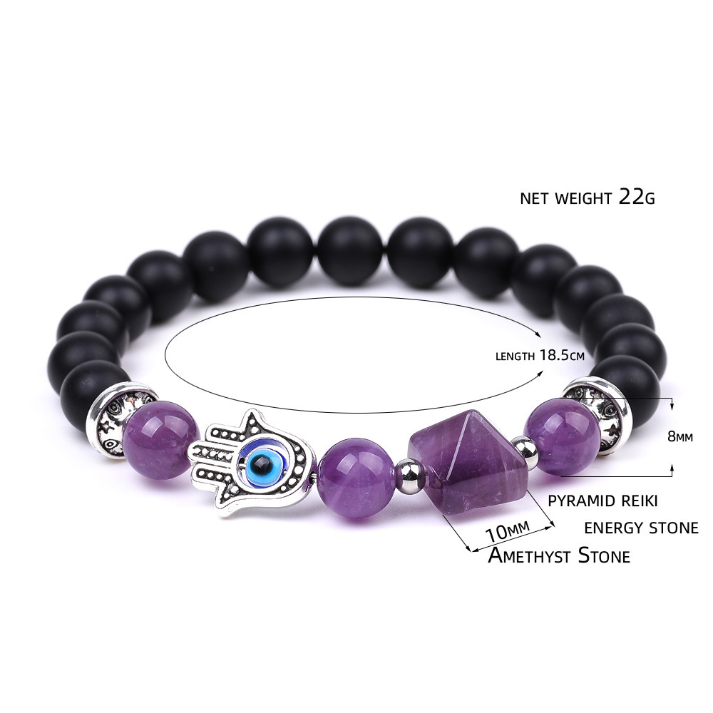 Handmade Amethyst Tiger Eye Black Obsidian Bracelet Natural Quartz Crystal Stone Beaded Hamsa Devil Eye Pyramid Bracelet