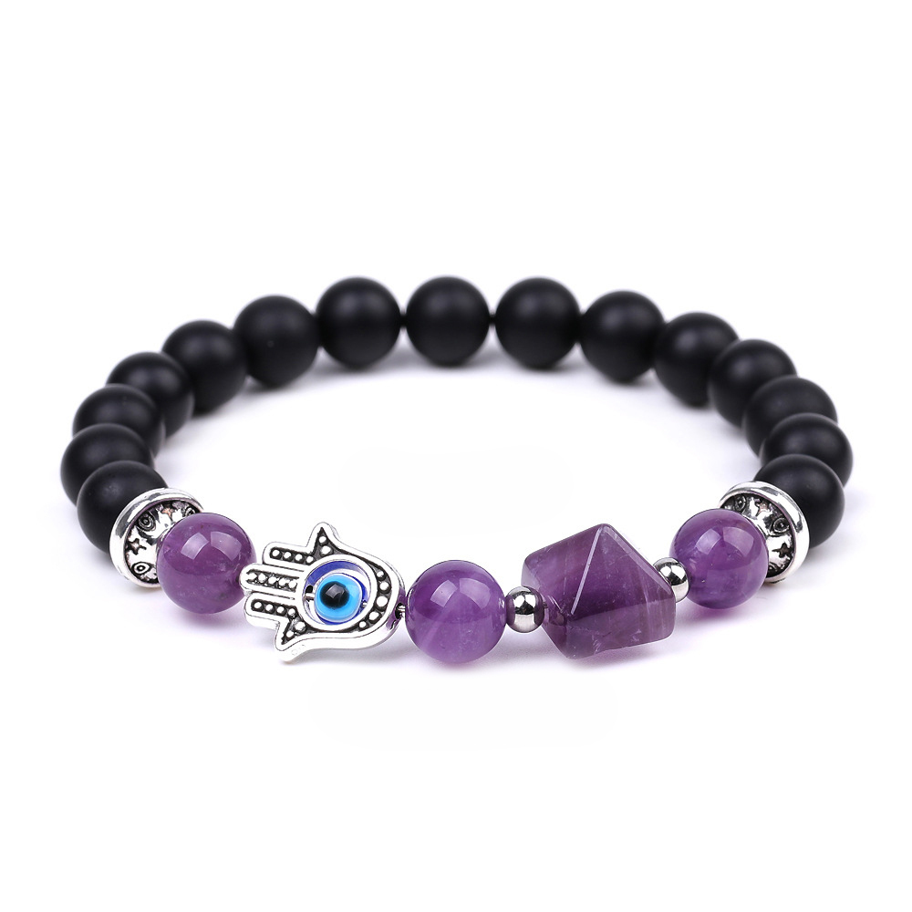 Handmade Amethyst Tiger Eye Black Obsidian Bracelet Natural Quartz Crystal Stone Beaded Hamsa Devil Eye Pyramid Bracelet
