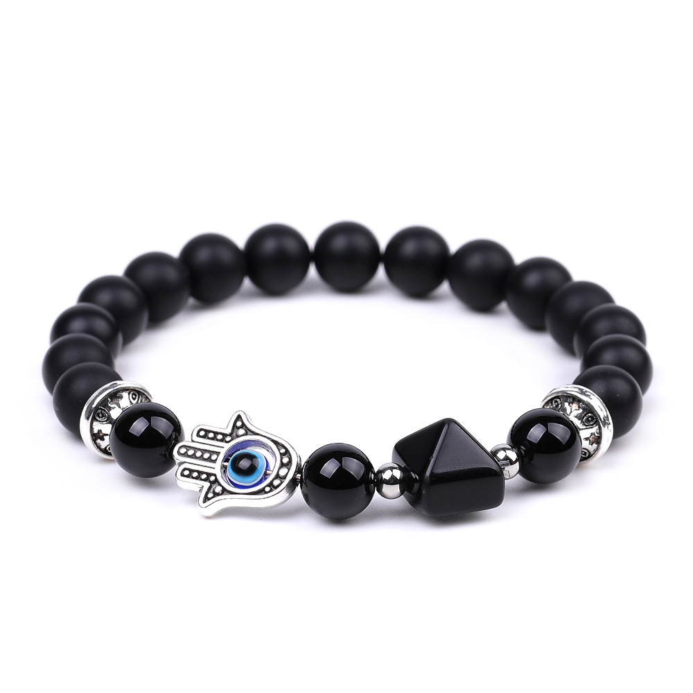 Handmade Amethyst Tiger Eye Black Obsidian Bracelet Natural Quartz Crystal Stone Beaded Hamsa Devil Eye Pyramid Bracelet