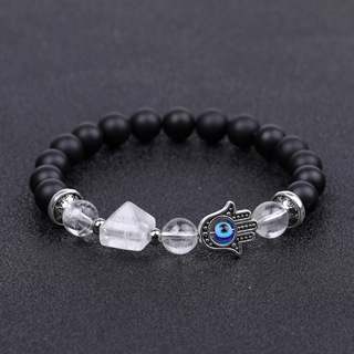 Handmade Amethyst Tiger Eye Black Obsidian Bracelet Natural Quartz Crystal Stone Beaded Hamsa Devil Eye Pyramid Bracelet