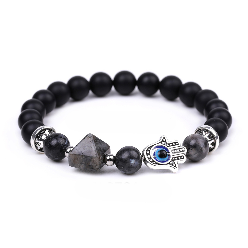 Handmade Amethyst Tiger Eye Black Obsidian Bracelet Natural Quartz Crystal Stone Beaded Hamsa Devil Eye Pyramid Bracelet