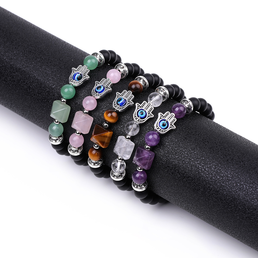Handmade Amethyst Tiger Eye Black Obsidian Bracelet Natural Quartz Crystal Stone Beaded Hamsa Devil Eye Pyramid Bracelet