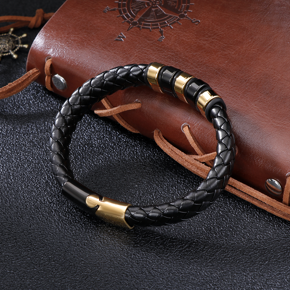 Genuine Leather Bracelet For Men Braided Cuff Wristband Stainless Steel Magnetic Clasp In Black And Gold Jewellery Gift