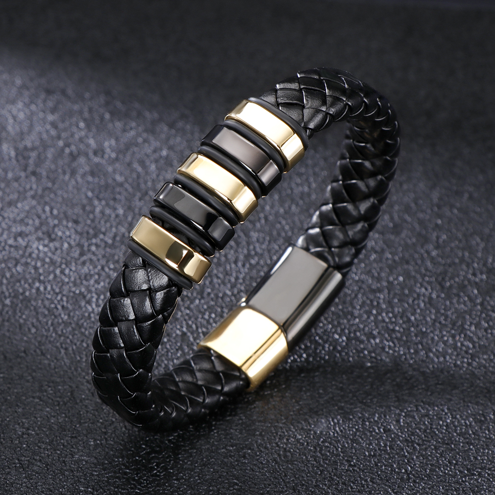 Genuine Leather Bracelet For Men Braided Cuff Wristband Stainless Steel Magnetic Clasp In Black And Gold Jewellery Gift
