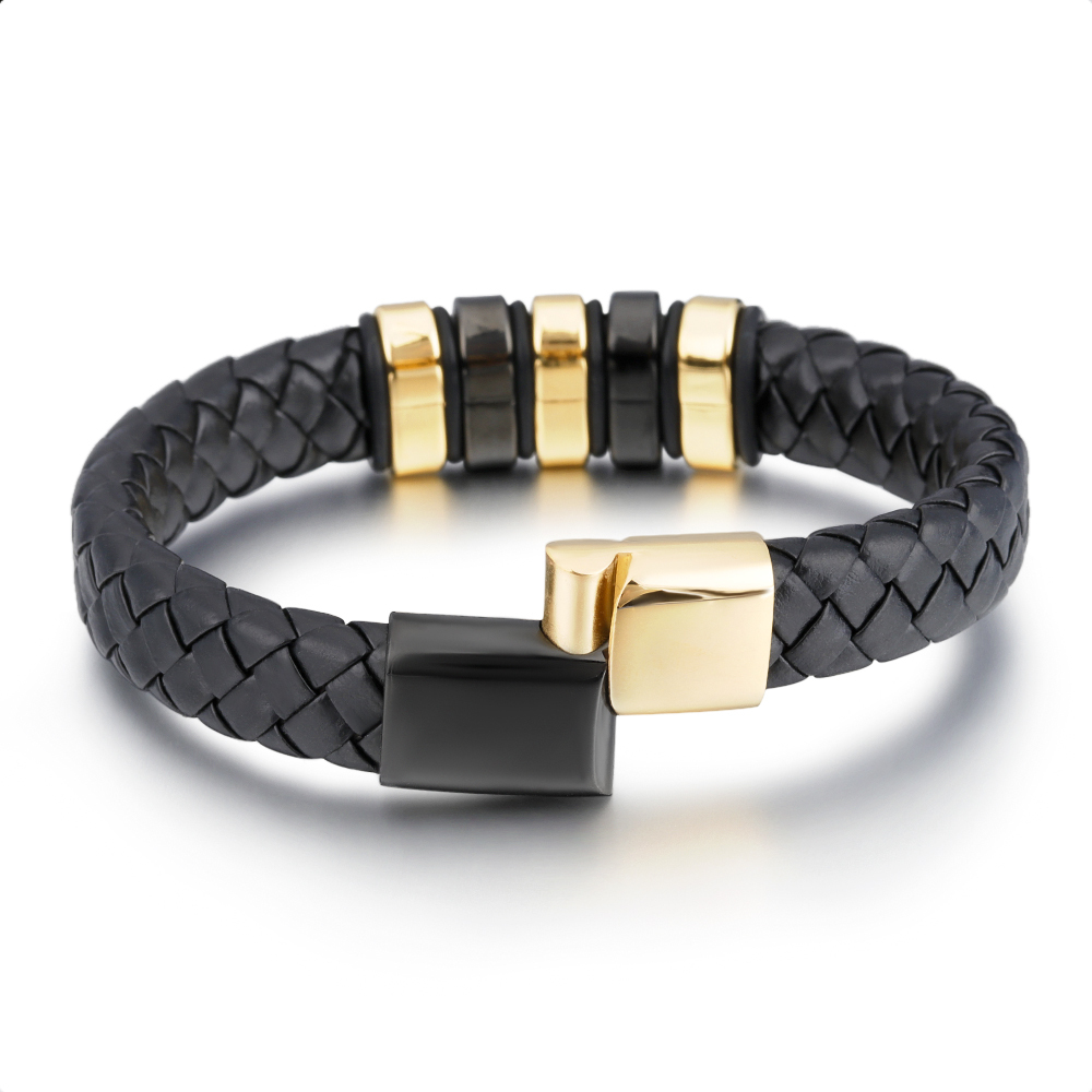 Genuine Leather Bracelet For Men Braided Cuff Wristband Stainless Steel Magnetic Clasp In Black And Gold Jewellery Gift