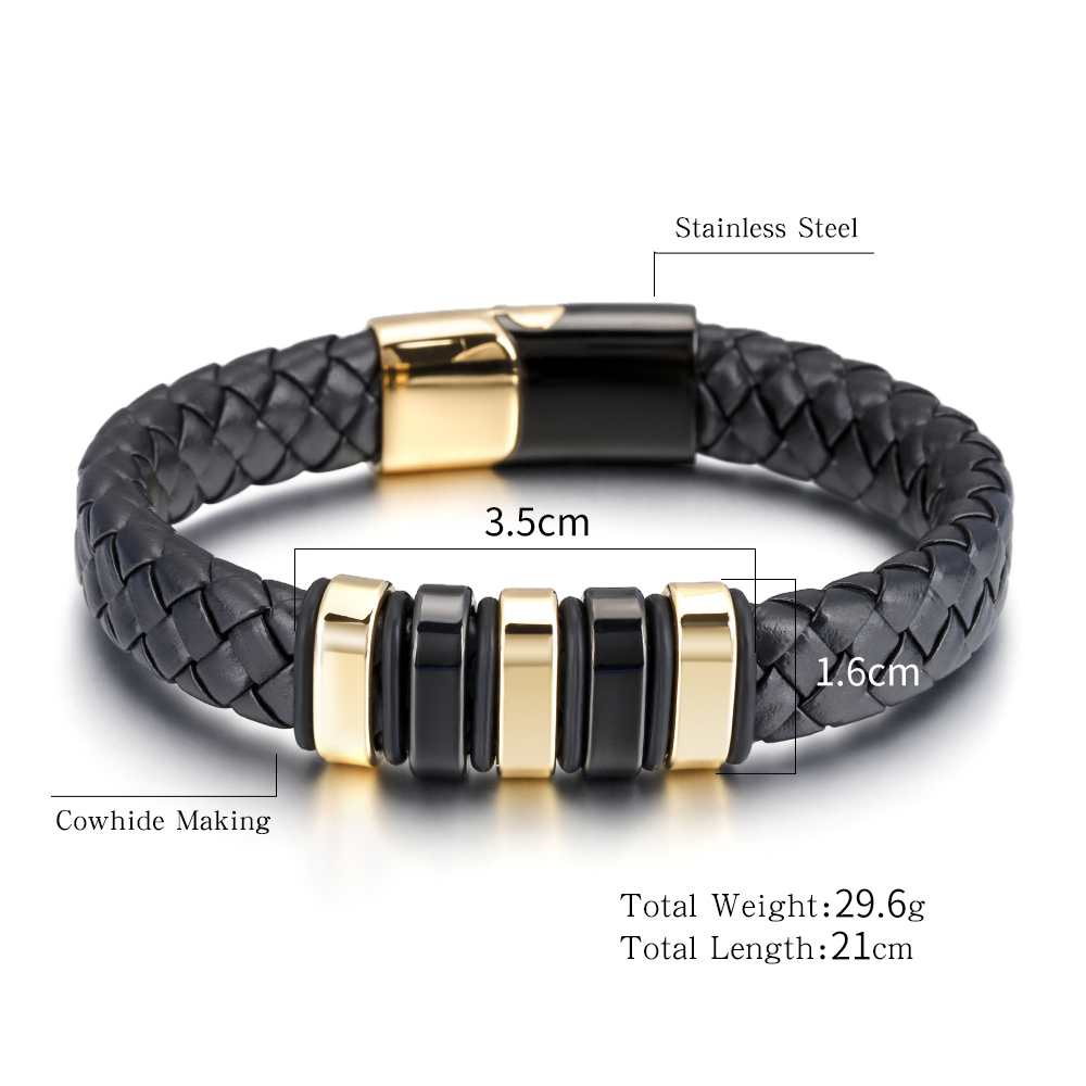 Genuine Leather Bracelet For Men Braided Cuff Wristband Stainless Steel Magnetic Clasp In Black And Gold Jewellery Gift