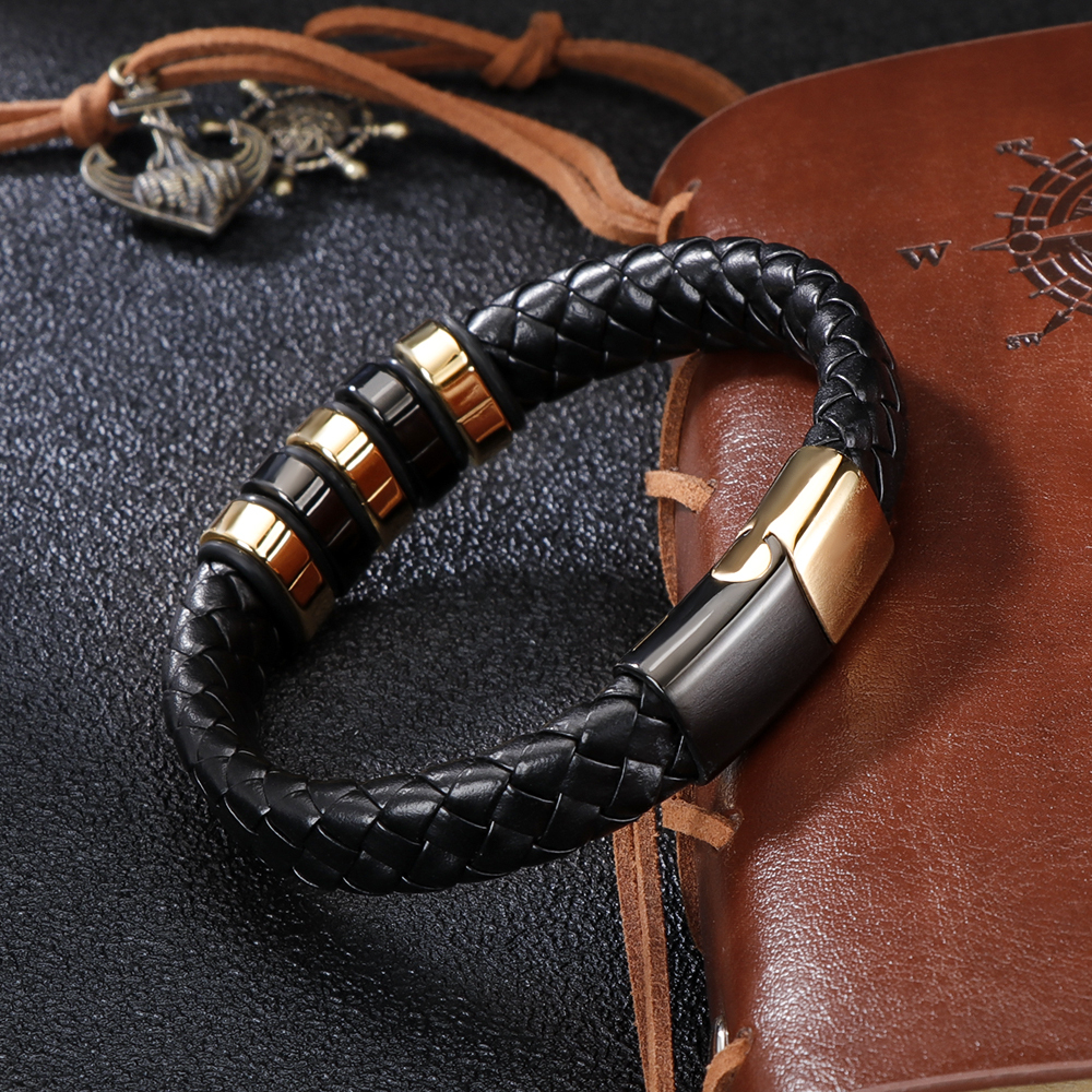 Genuine Leather Bracelet For Men Braided Cuff Wristband Stainless Steel Magnetic Clasp In Black And Gold Jewellery Gift