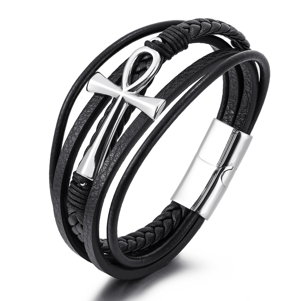 2022 New Hot Sale Multi-layer Hand-woven Cowhide Rope Stainless Steel Cross Bracelet Men's Magnetic Buckle Bracelet