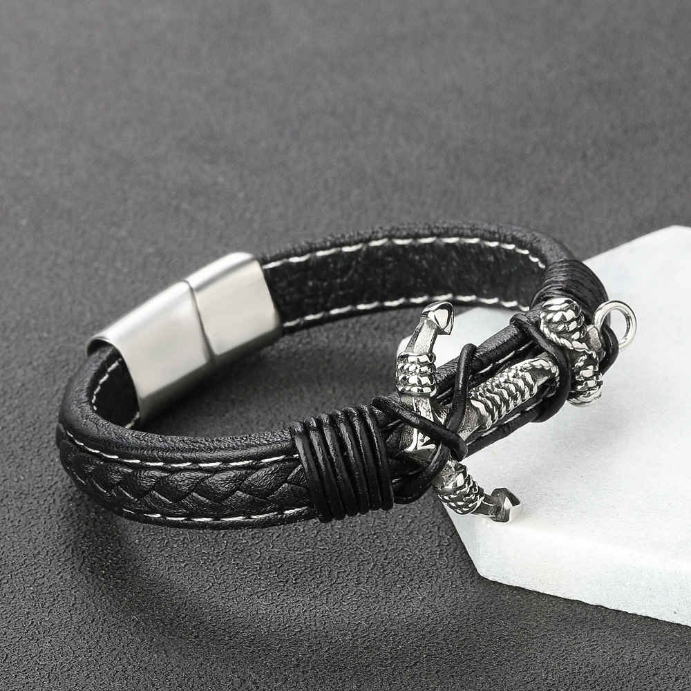 Men's Fashion Jewelry Stainless Steel Magnetic Buckle Black Cool Leather Anchor Bracelets