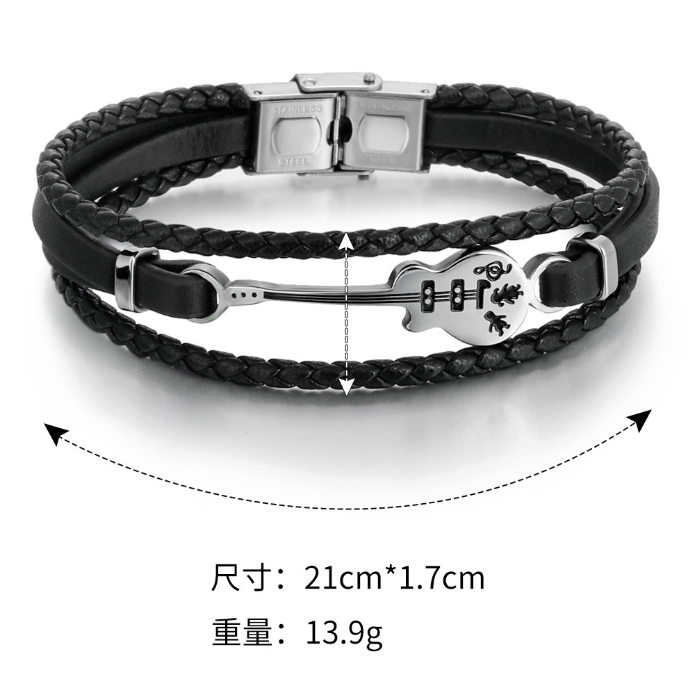 Fashion Genuine Leather Cord Bracelets Stainless Steel Guitar Charm And Clasp Black Jewelry For Men And Women Unisex Design