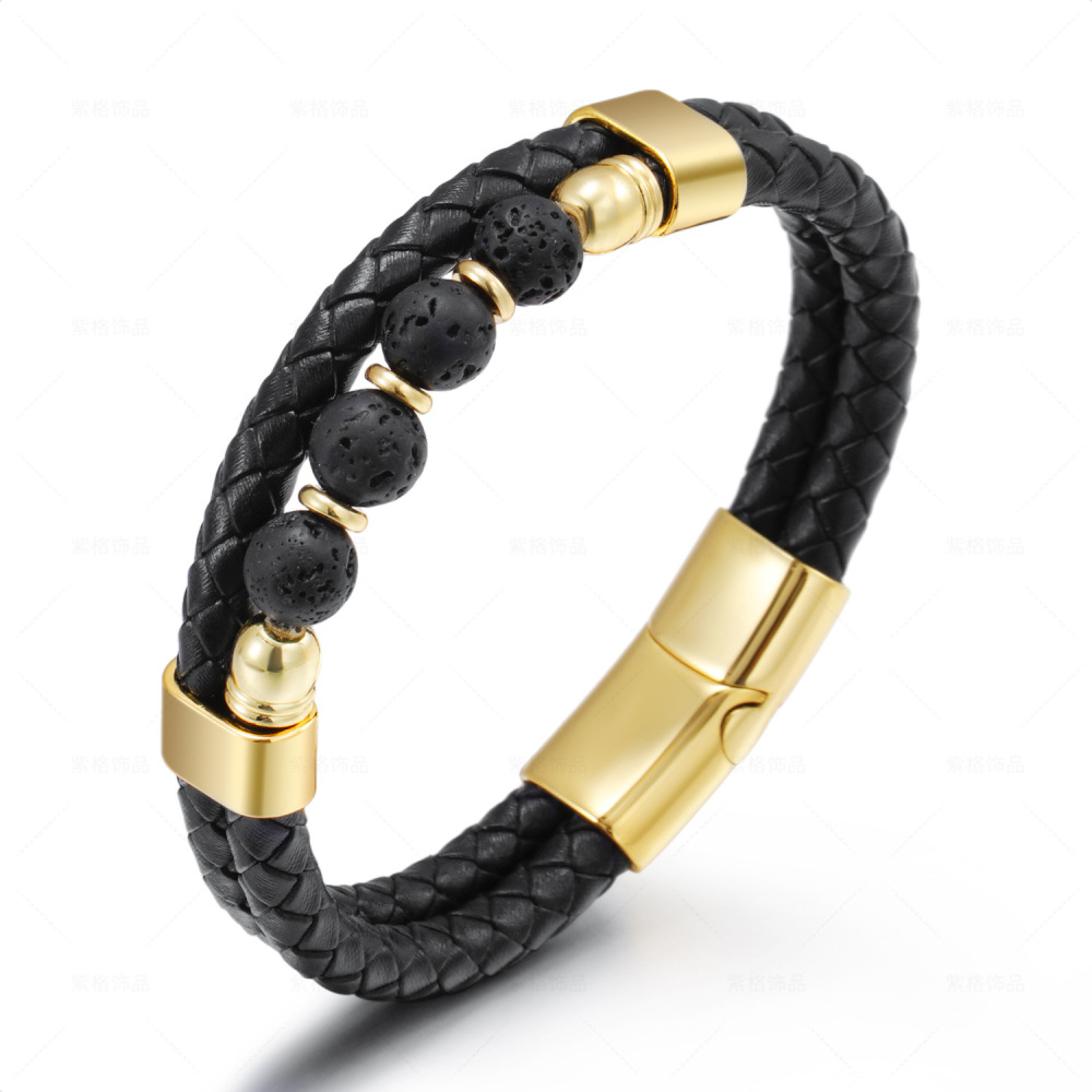 Bohemian Jewelry Bead Leather Lava Lapis Lazuli Bracelet Men's Women's Stainless Steel Natural Stone Rosary Bracelet Bangle