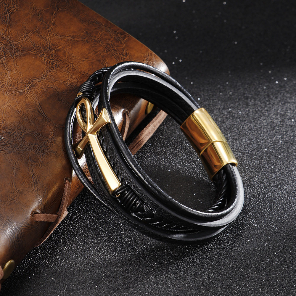 2022 New Hot Sale Multi-layer Hand-woven Cowhide Rope Stainless Steel Cross Bracelet Men's Magnetic Buckle Bracelet