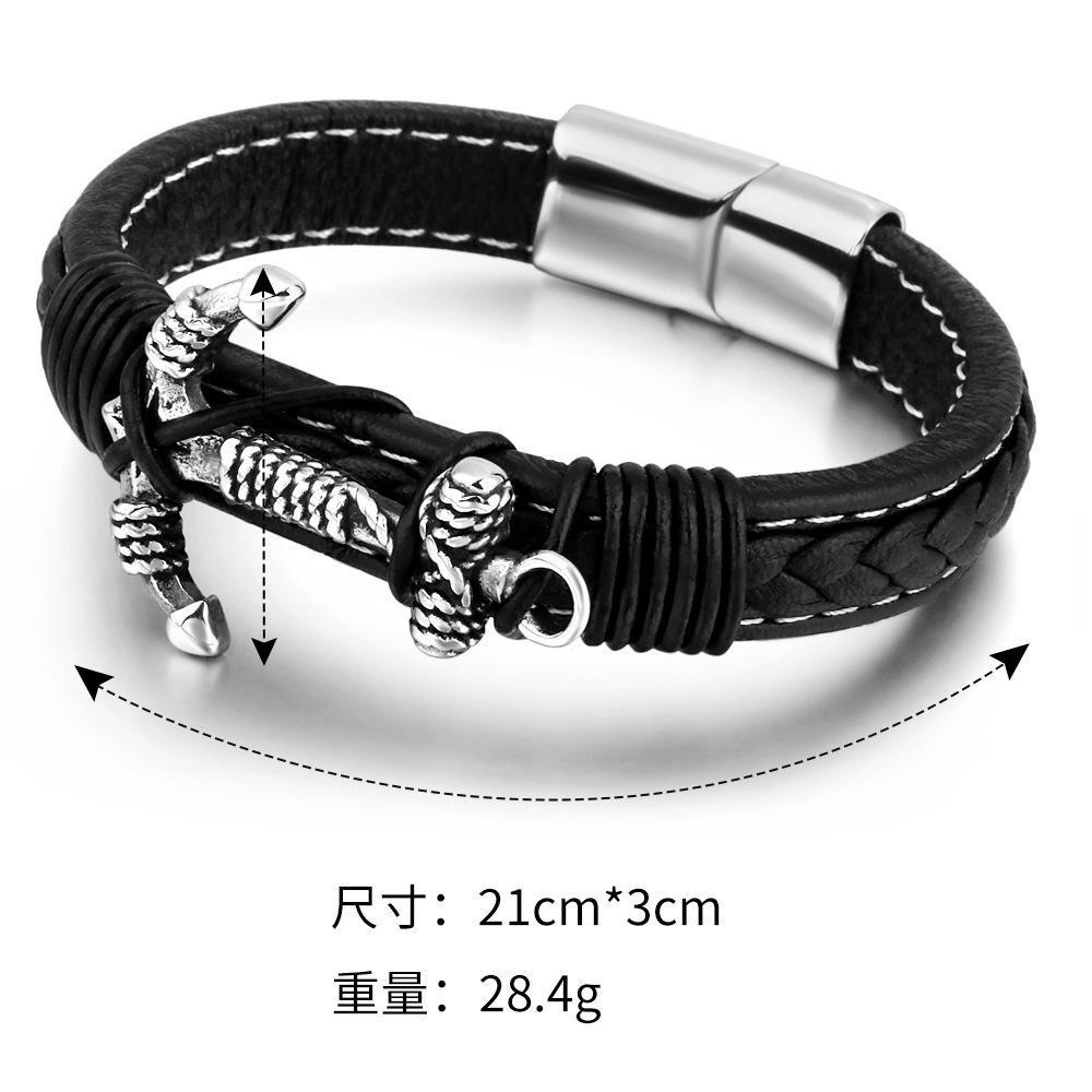 Men's Fashion Jewelry Stainless Steel Magnetic Buckle Black Cool Leather Anchor Bracelets