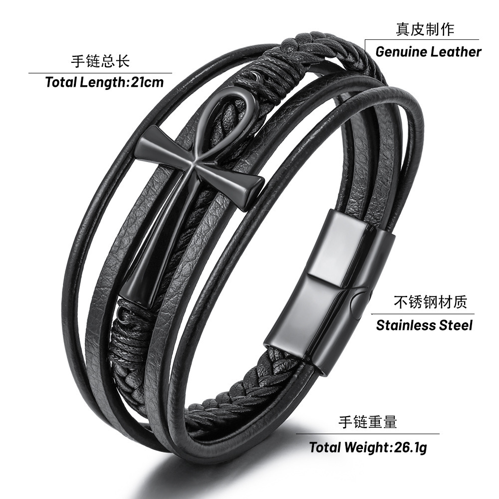 2022 New Hot Sale Multi-layer Hand-woven Cowhide Rope Stainless Steel Cross Bracelet Men's Magnetic Buckle Bracelet