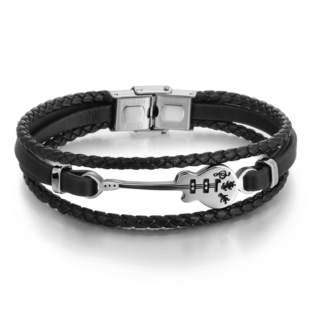 Fashion Genuine Leather Cord Bracelets Stainless Steel Guitar Charm And Clasp Black Jewelry For Men And Women Unisex Design
