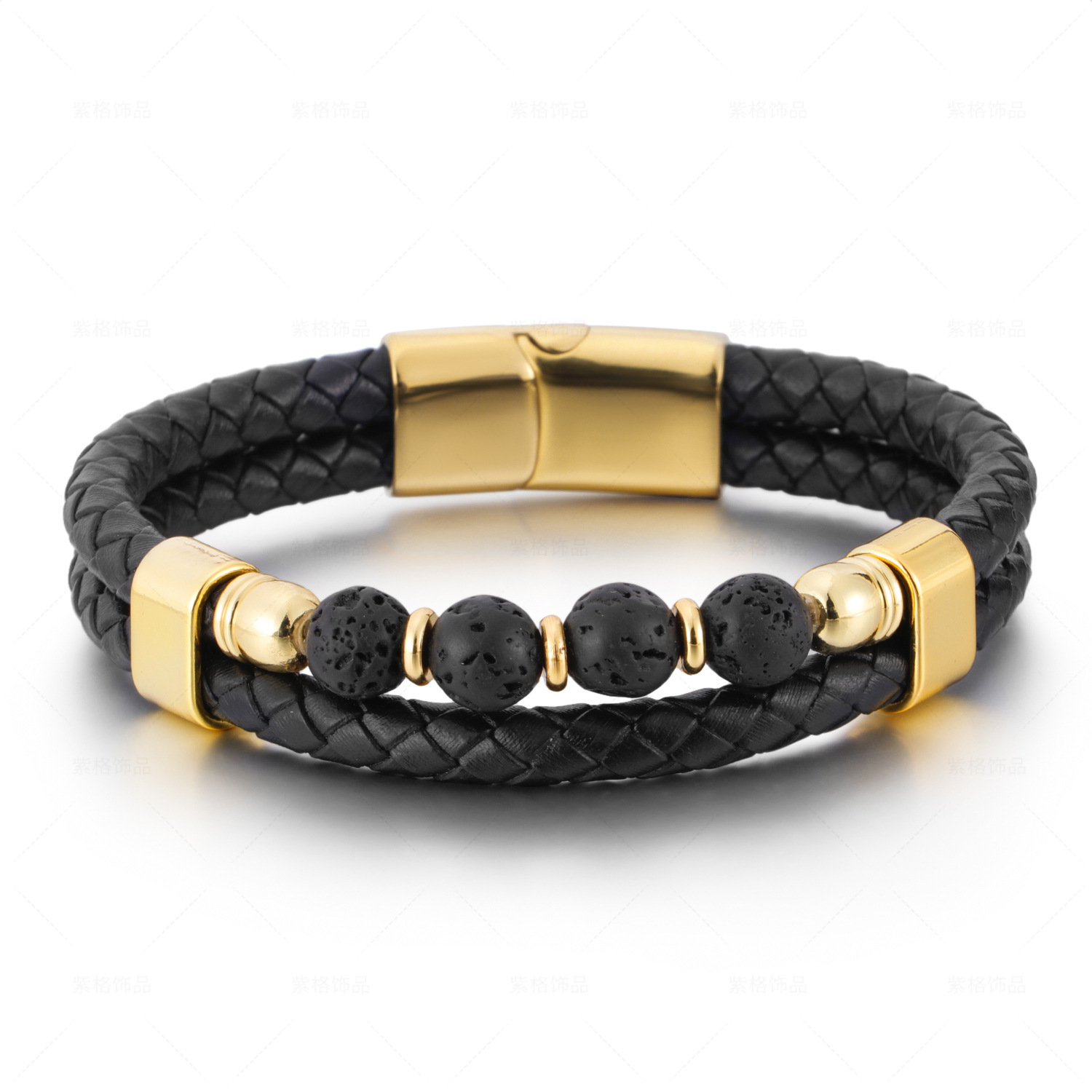 Bohemian Jewelry Bead Leather Lava Lapis Lazuli Bracelet Men's Women's Stainless Steel Natural Stone Rosary Bracelet Bangle