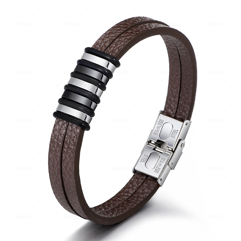 Hot Selling Men Bracelets Leather And Stainless Steel Simple Versatile Leather Bracelet