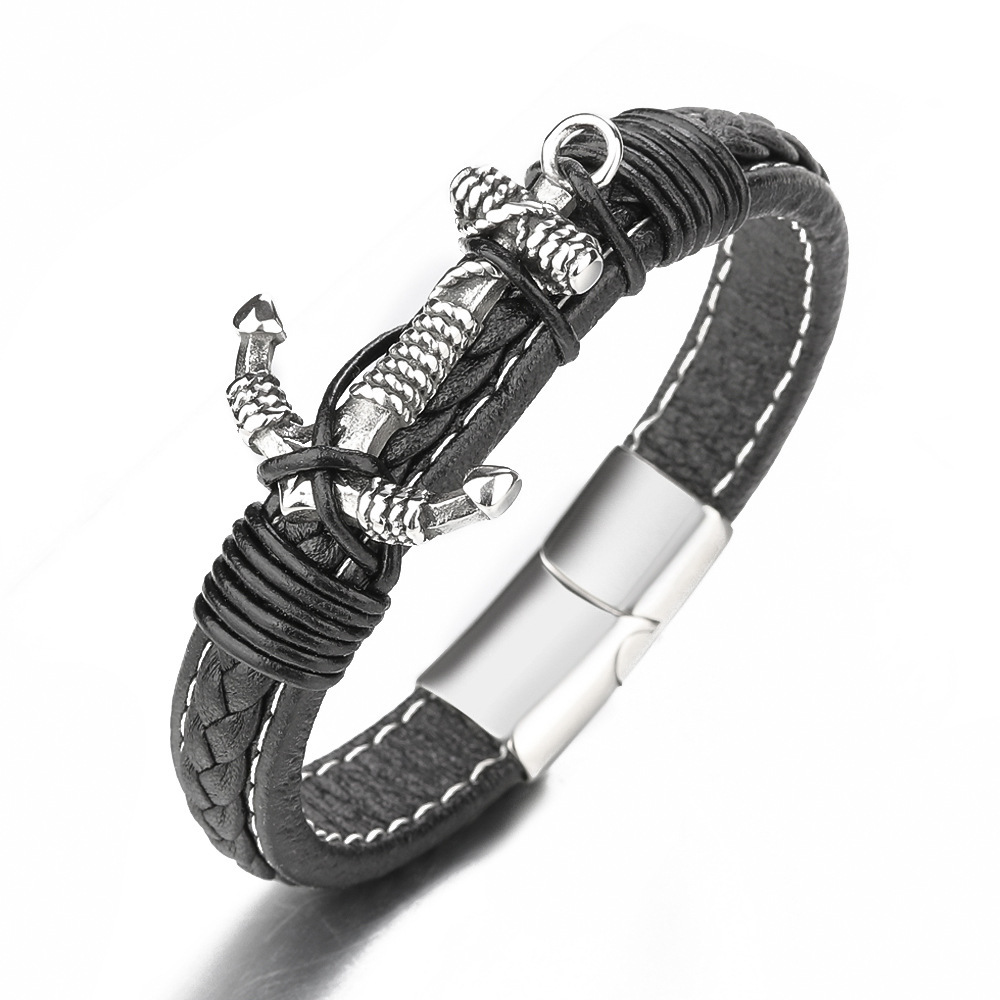 Men's Fashion Jewelry Stainless Steel Magnetic Buckle Black Cool Leather Anchor Bracelets