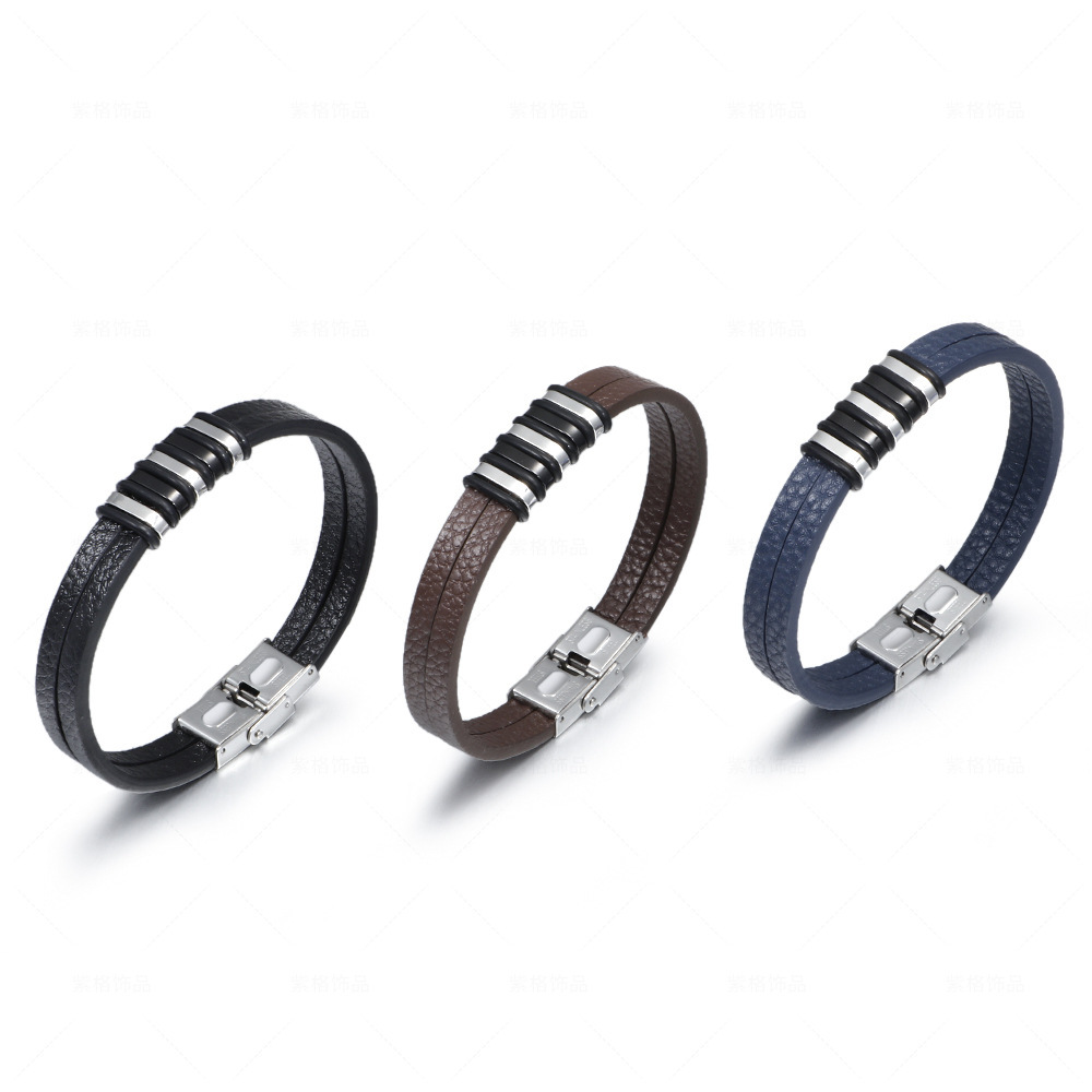 Hot Selling Men Bracelets Leather And Stainless Steel Simple Versatile Leather Bracelet