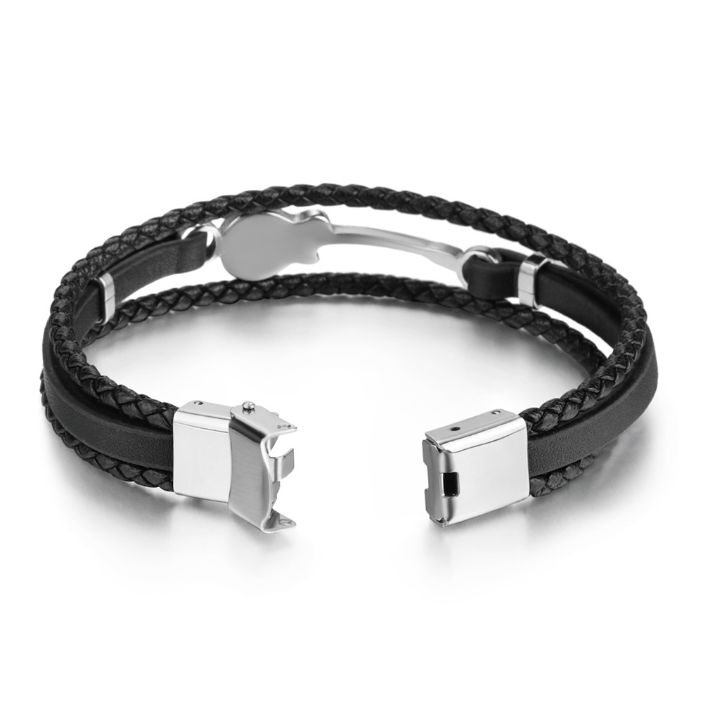 Fashion Genuine Leather Cord Bracelets Stainless Steel Guitar Charm And Clasp Black Jewelry For Men And Women Unisex Design