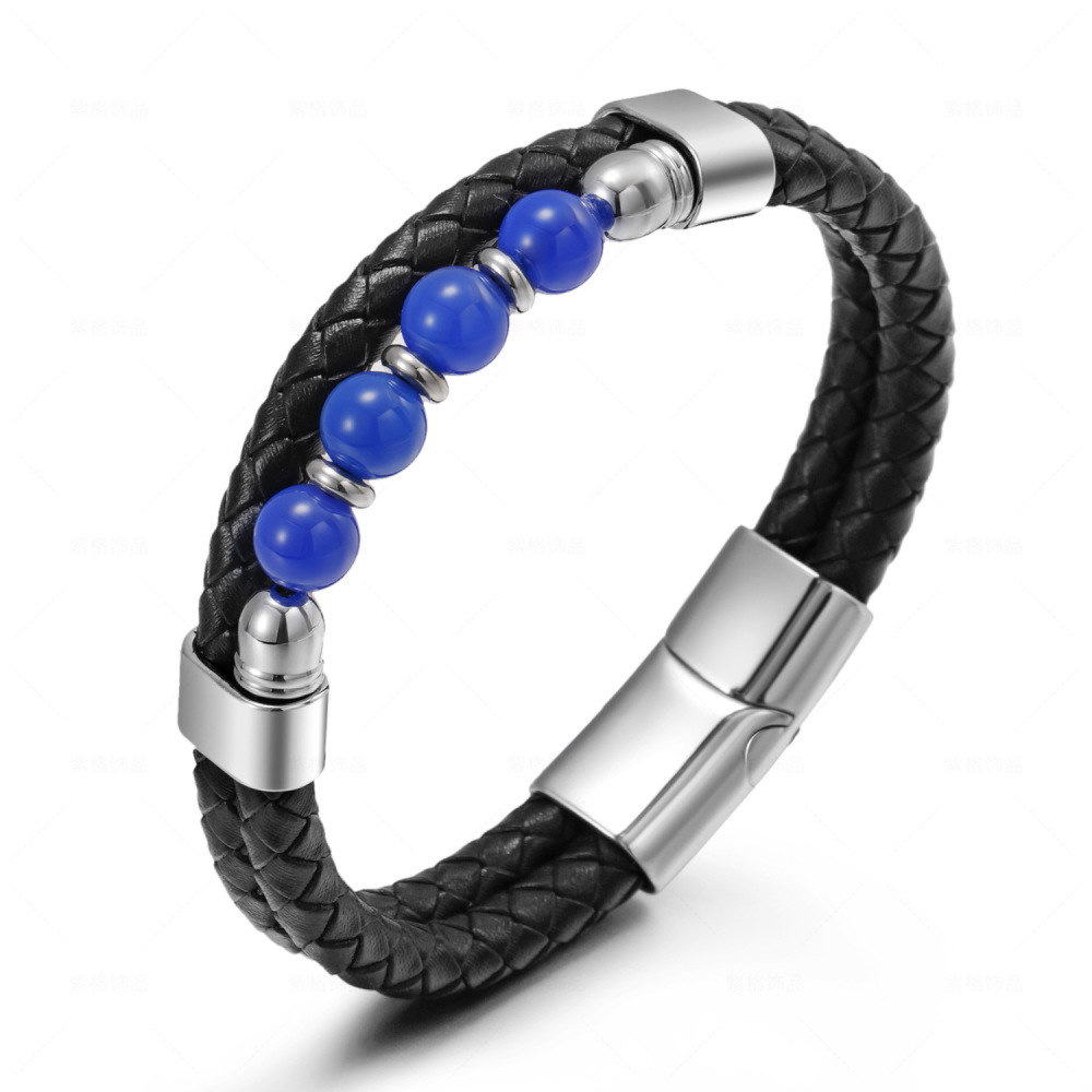 Bohemian Jewelry Bead Leather Lava Lapis Lazuli Bracelet Men's Women's Stainless Steel Natural Stone Rosary Bracelet Bangle