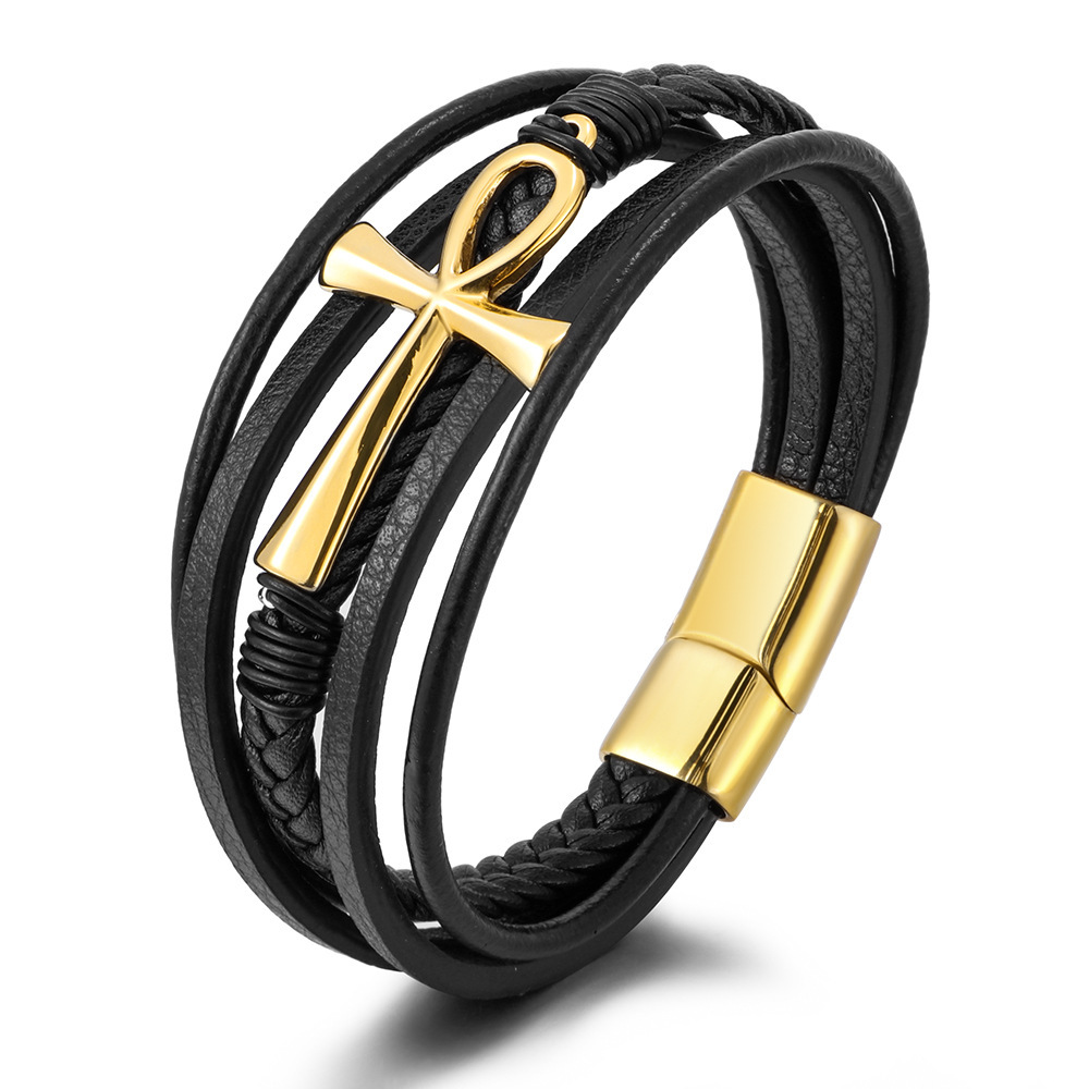 2022 New Hot Sale Multi-layer Hand-woven Cowhide Rope Stainless Steel Cross Bracelet Men's Magnetic Buckle Bracelet