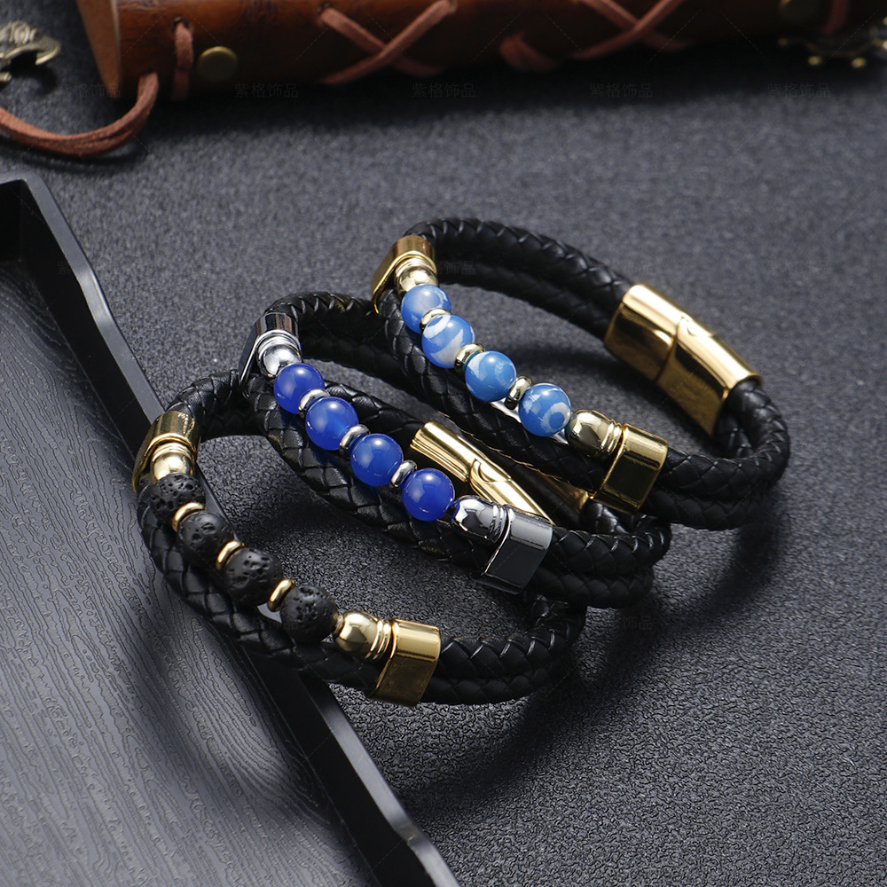Bohemian Jewelry Bead Leather Lava Lapis Lazuli Bracelet Men's Women's Stainless Steel Natural Stone Rosary Bracelet Bangle
