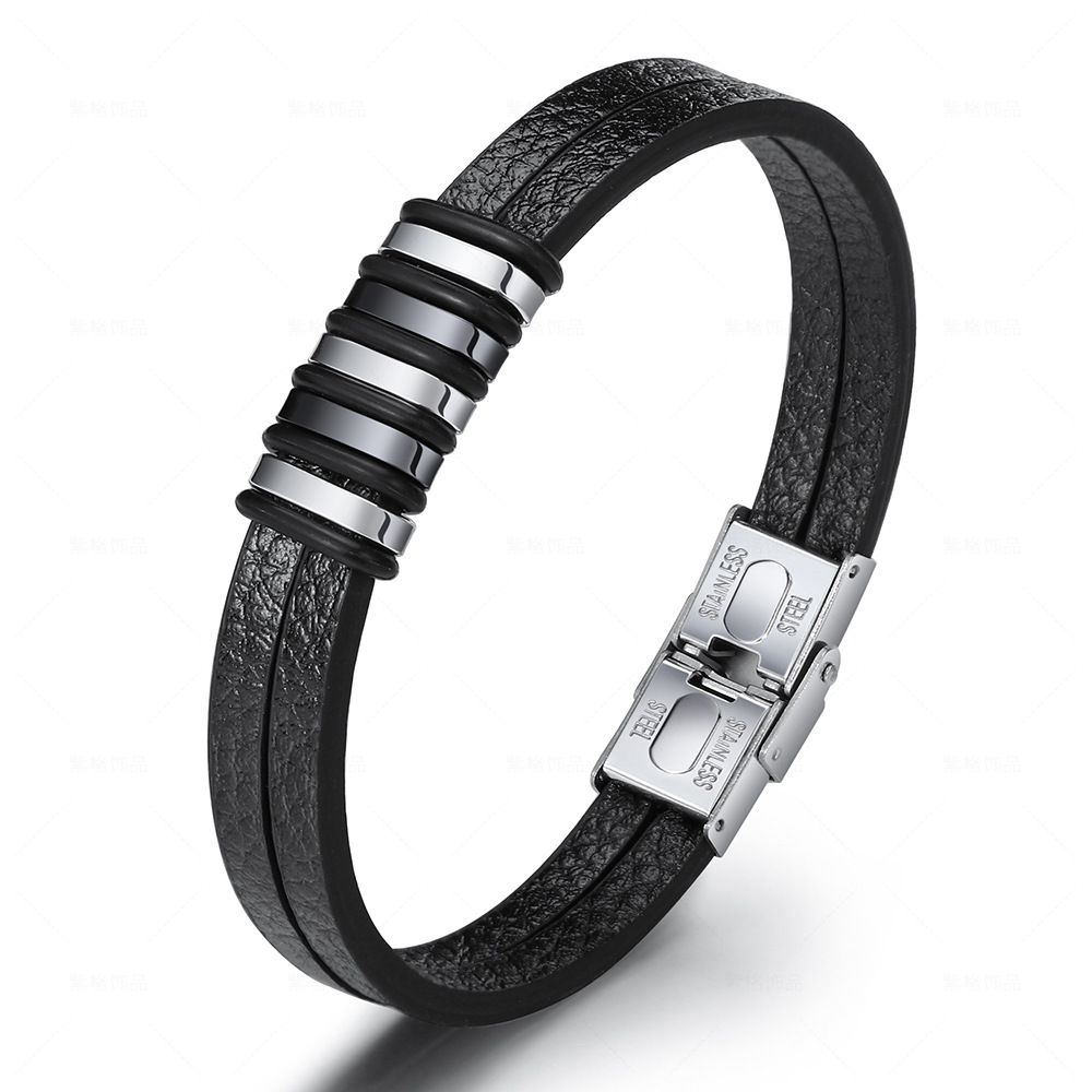 Hot Selling Men Bracelets Leather And Stainless Steel Simple Versatile Leather Bracelet