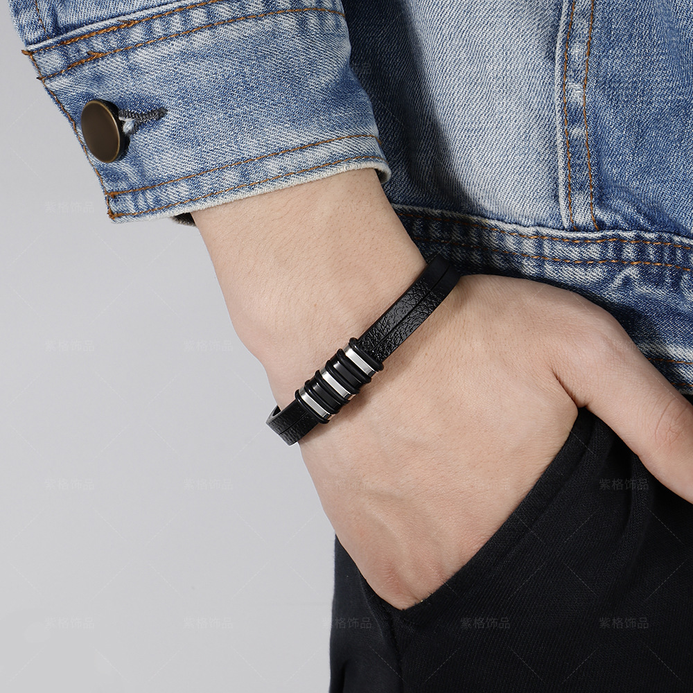 Hot Selling Men Bracelets Leather And Stainless Steel Simple Versatile Leather Bracelet