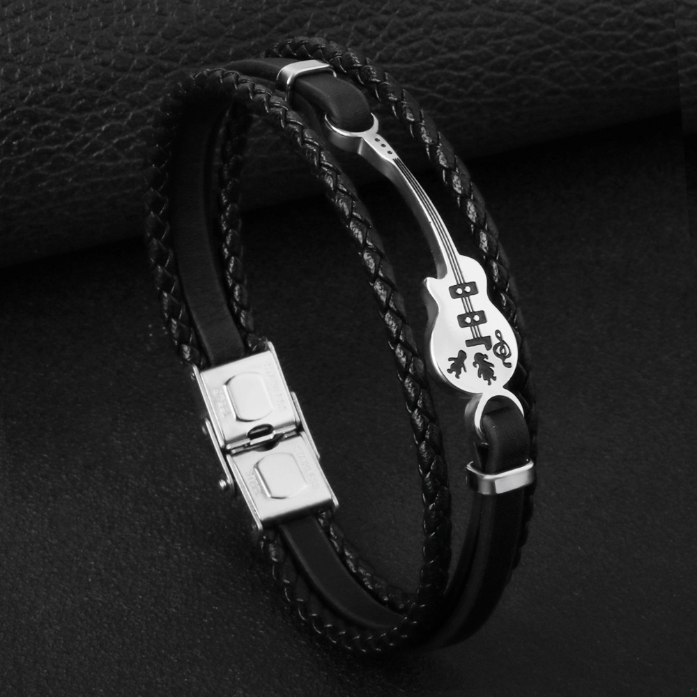 Fashion Genuine Leather Cord Bracelets Stainless Steel Guitar Charm And Clasp Black Jewelry For Men And Women Unisex Design