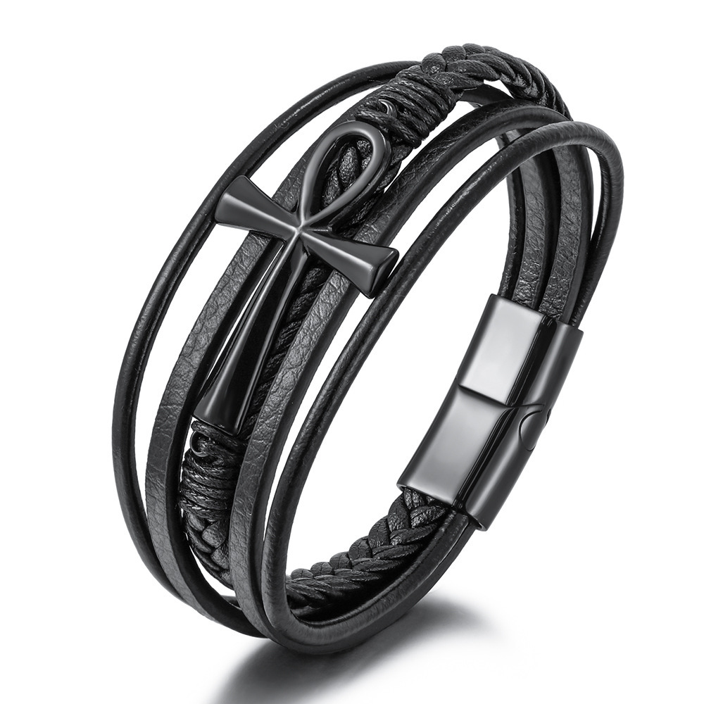 2022 New Hot Sale Multi-layer Hand-woven Cowhide Rope Stainless Steel Cross Bracelet Men's Magnetic Buckle Bracelet