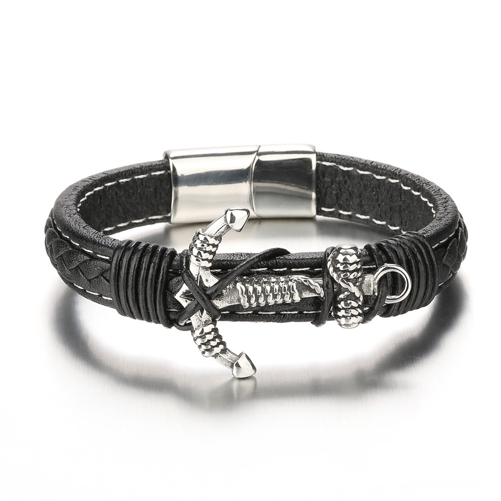 Men's Fashion Jewelry Stainless Steel Magnetic Buckle Black Cool Leather Anchor Bracelets