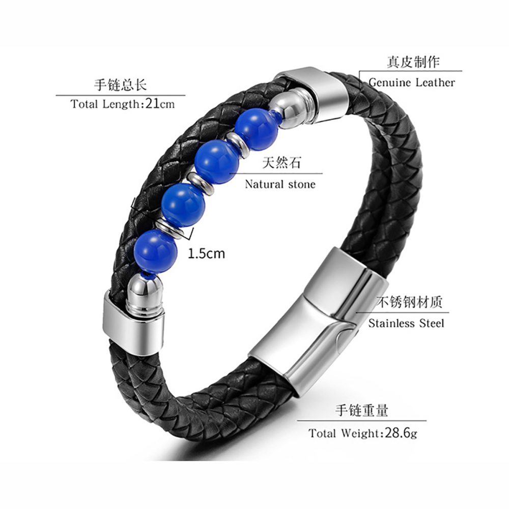 Bohemian Jewelry Bead Leather Lava Lapis Lazuli Bracelet Men's Women's Stainless Steel Natural Stone Rosary Bracelet Bangle