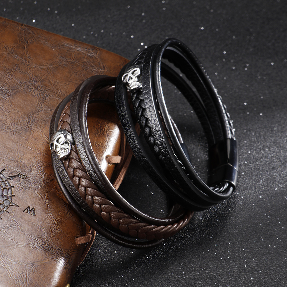 Black Skull Leather Bracelets For Mens Stackable Braided Cuff Bracelet Punk Rock Handmade Bracelet