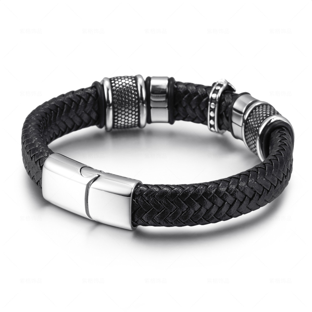 New Style Magnetic Buckle Bracelet Cross Leather Braided Bracelet Stainless Steel Geometric Christian Bracelets