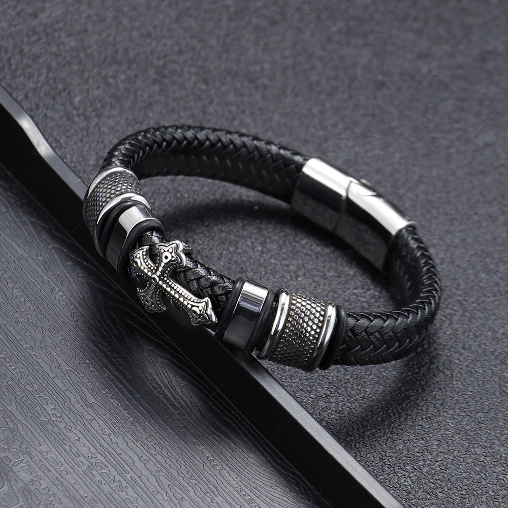 New Style Magnetic Buckle Bracelet Cross Leather Braided Bracelet Stainless Steel Geometric Christian Bracelets