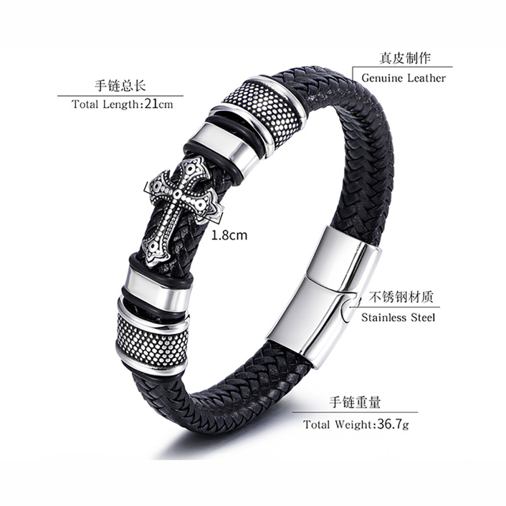 New Style Magnetic Buckle Bracelet Cross Leather Braided Bracelet Stainless Steel Geometric Christian Bracelets