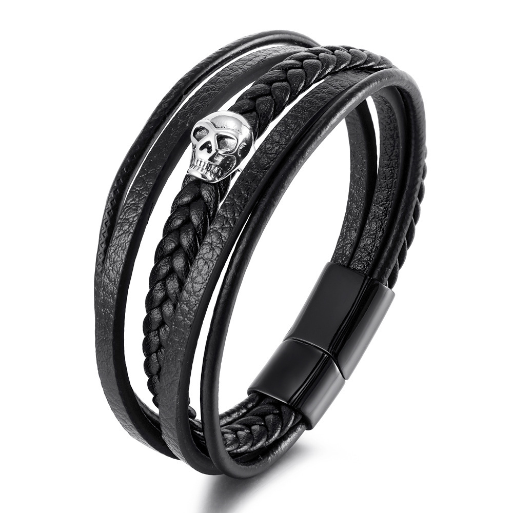 Black Skull Leather Bracelets For Mens Stackable Braided Cuff Bracelet Punk Rock Handmade Bracelet