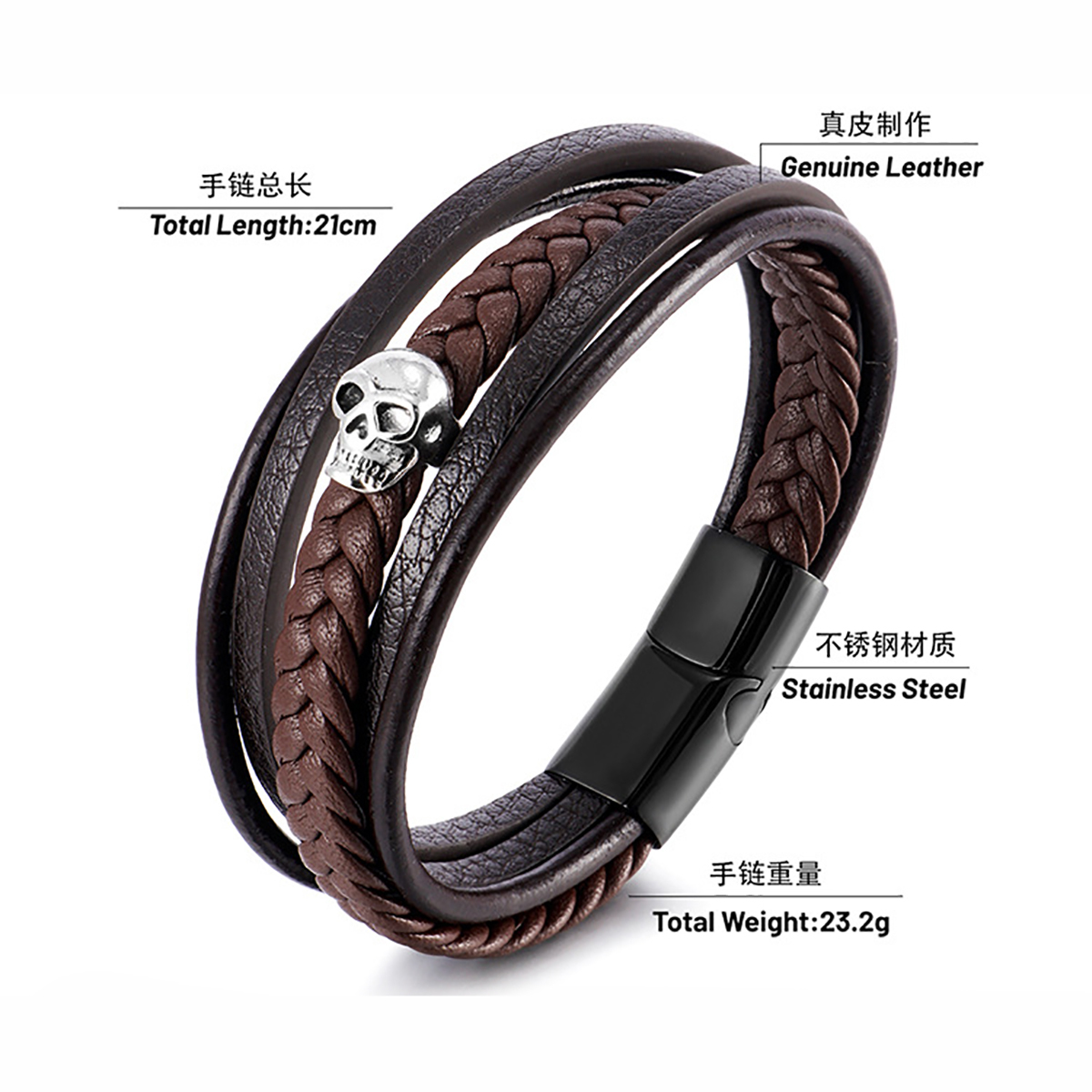 Black Skull Leather Bracelets For Mens Stackable Braided Cuff Bracelet Punk Rock Handmade Bracelet