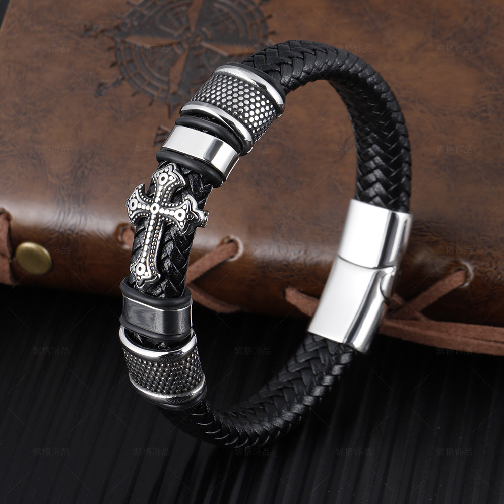 New Style Magnetic Buckle Bracelet Cross Leather Braided Bracelet Stainless Steel Geometric Christian Bracelets