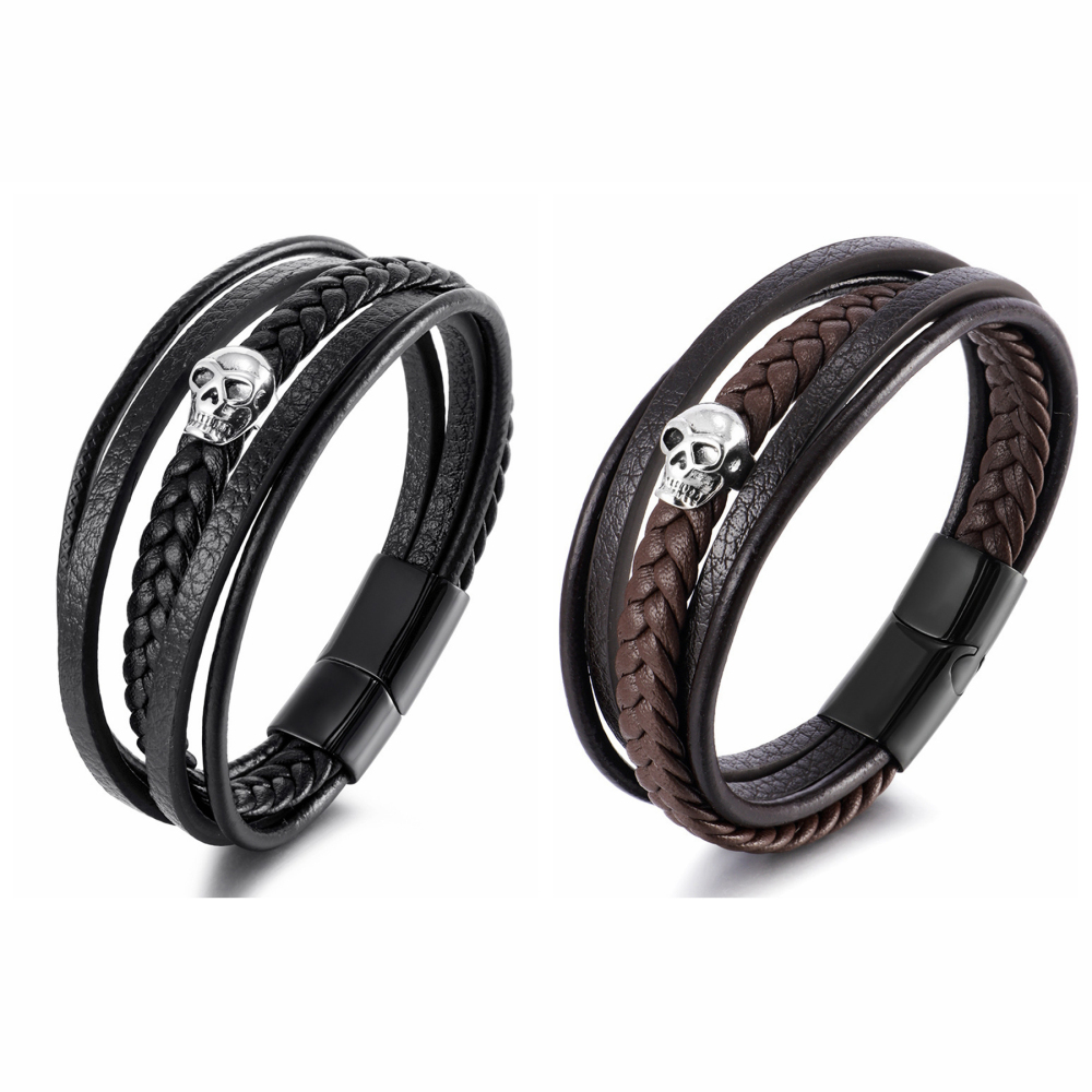 Black Skull Leather Bracelets For Mens Stackable Braided Cuff Bracelet Punk Rock Handmade Bracelet