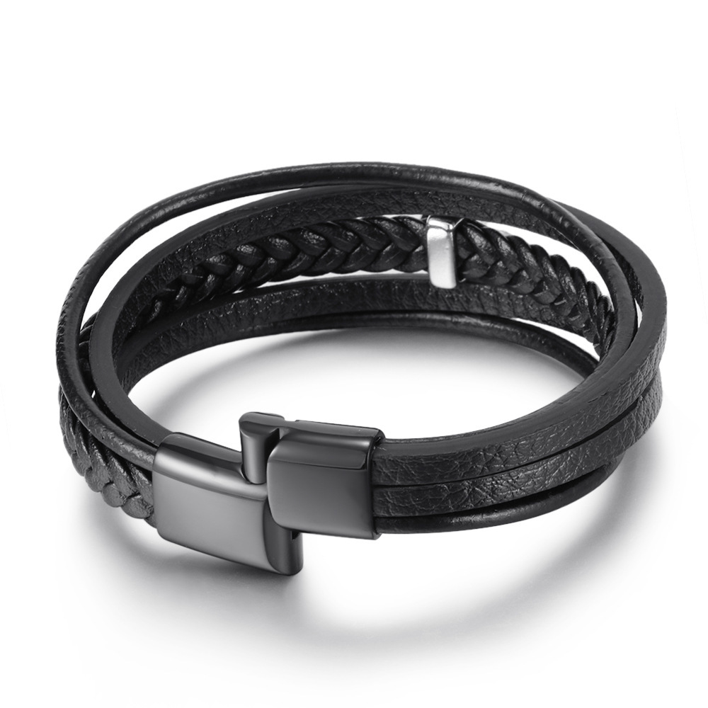 Black Skull Leather Bracelets For Mens Stackable Braided Cuff Bracelet Punk Rock Handmade Bracelet