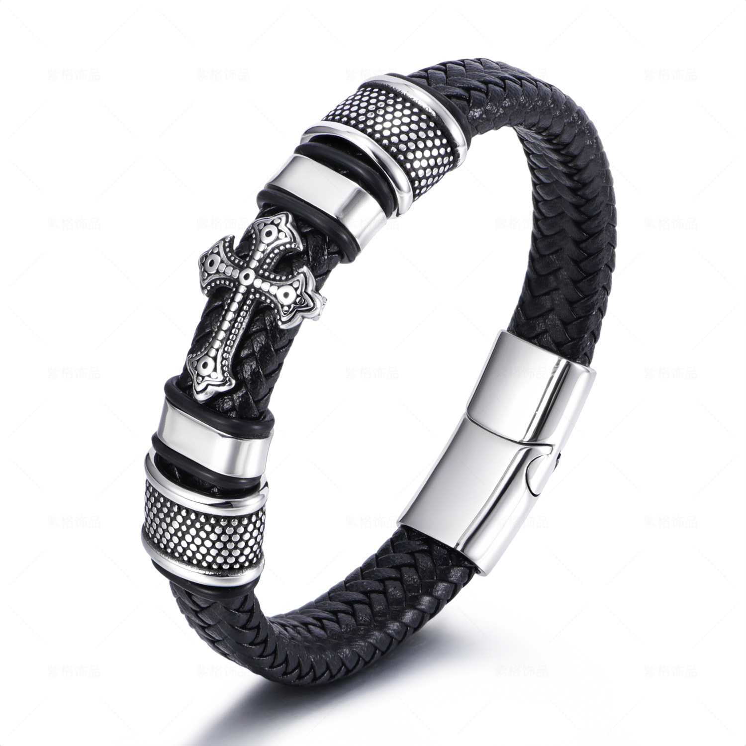 New Style Magnetic Buckle Bracelet Cross Leather Braided Bracelet Stainless Steel Geometric Christian Bracelets