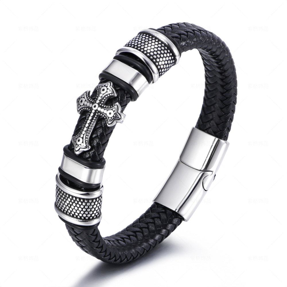 New Style Magnetic Buckle Bracelet Cross Leather Braided Bracelet Stainless Steel Geometric Christian Bracelets