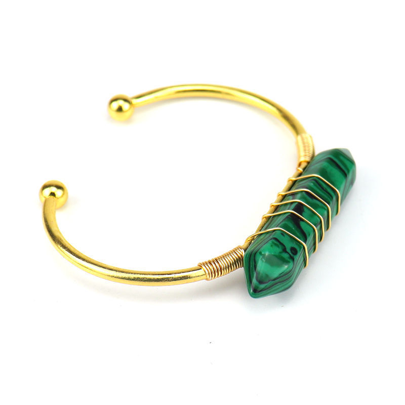 Healing Stone Hexagon Pillar Silver Wire Wrapped Point Natural Stone Cuff Bangle Bracelet Chakra Energy Bracelet For Women